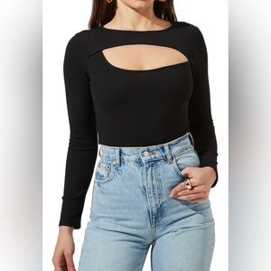 ASTR the Label Front Cutout Long Sleeve Bodysuit Black